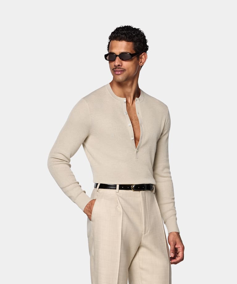 SUITSUPPLY Pure Wool Light Brown Ribbed Henley