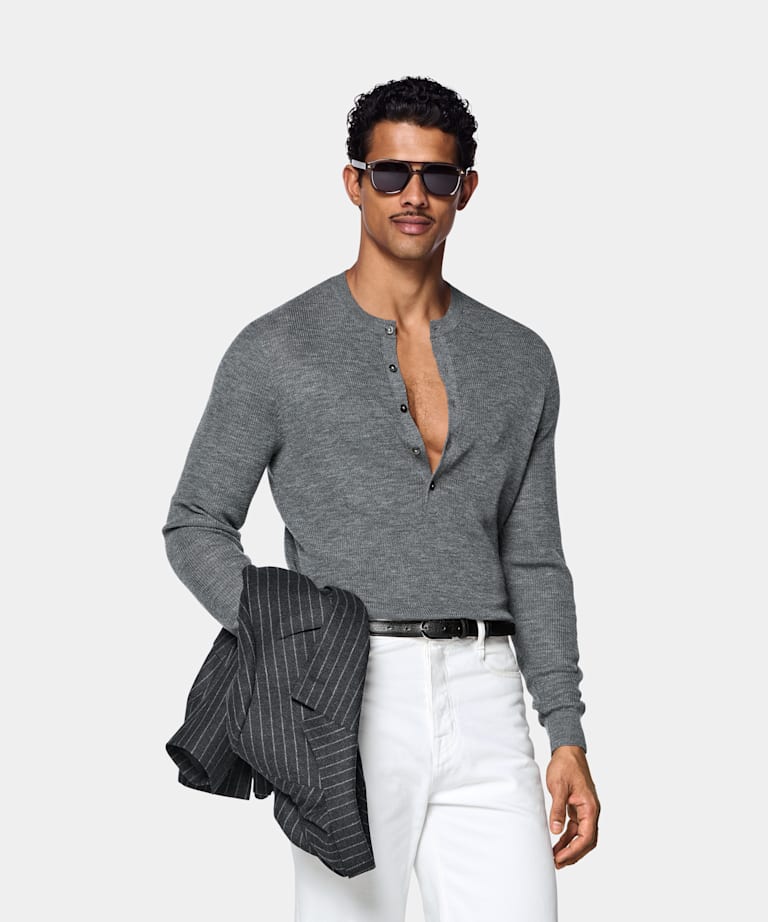 SUITSUPPLY Pura lana Henley grigio medio a costine