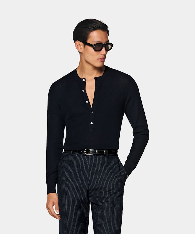 SUITSUPPLY Pure Wool Navy Ribbed Henley