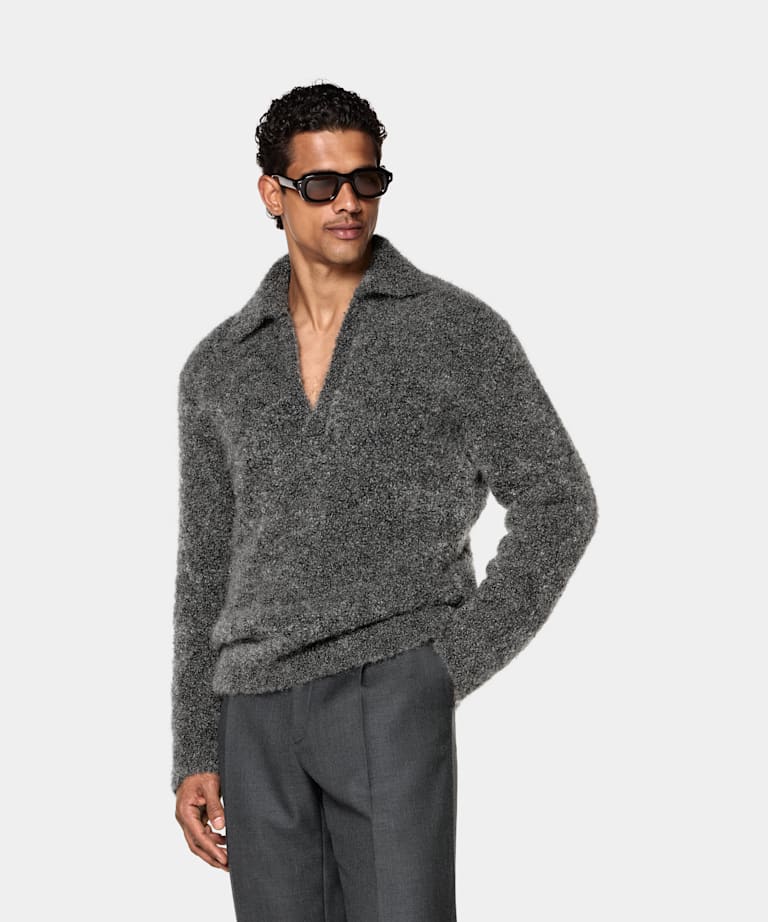 SUITSUPPLY Mohair Wool Nylon Blend Dark Grey Long Sleeve Buttonless Polo