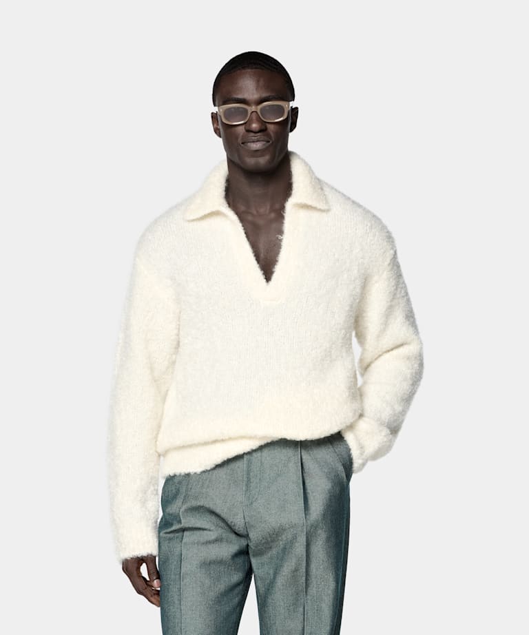 SUITSUPPLY Mohair Wool Nylon Blend Off-White Long Sleeve Buttonless Polo