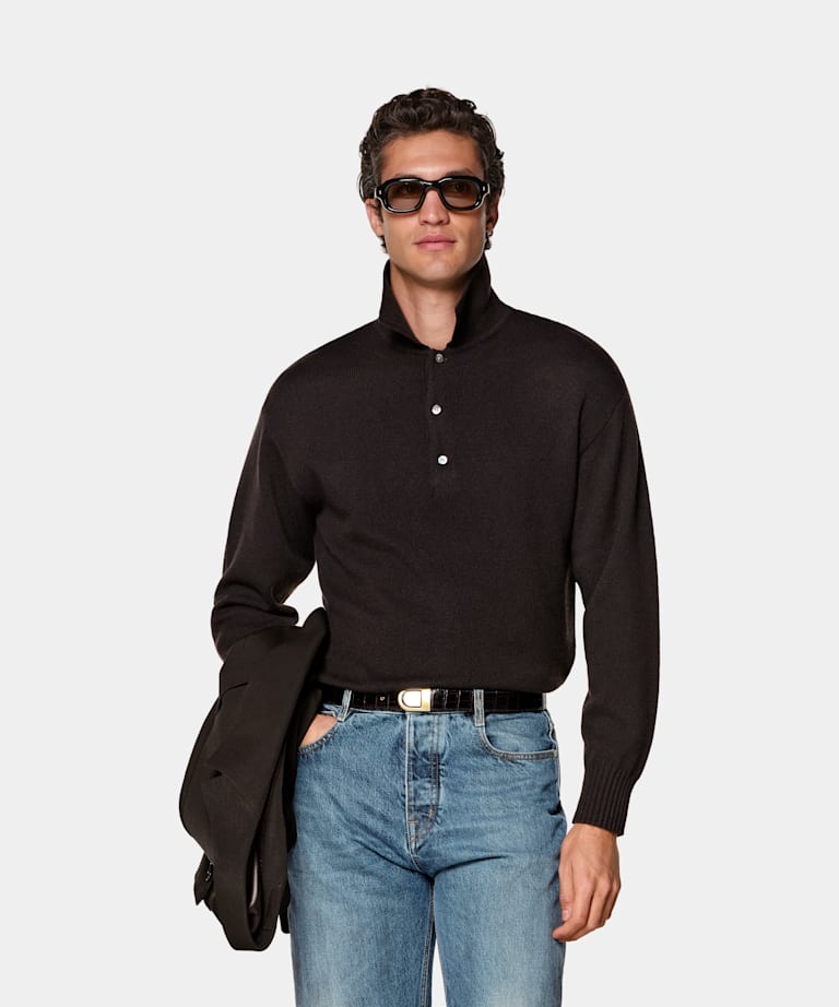 SUITSUPPLY Puro cachemir Polo de manga larga marr&oacute;n oscuro