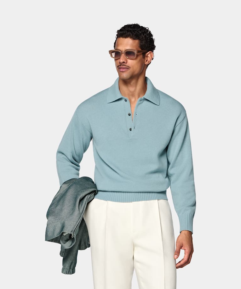 SUITSUPPLY Puro cachemir Polo azul claro de manga larga