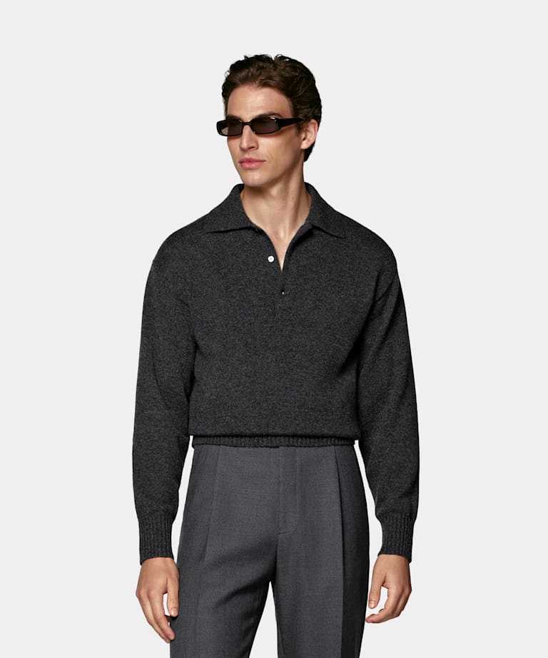 SUITSUPPLY Pure Cashmere Dark Grey Long Sleeve Polo