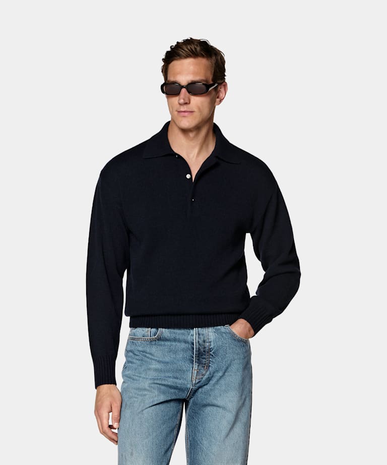 SUITSUPPLY Pure Cashmere Navy Long Sleeve Polo
