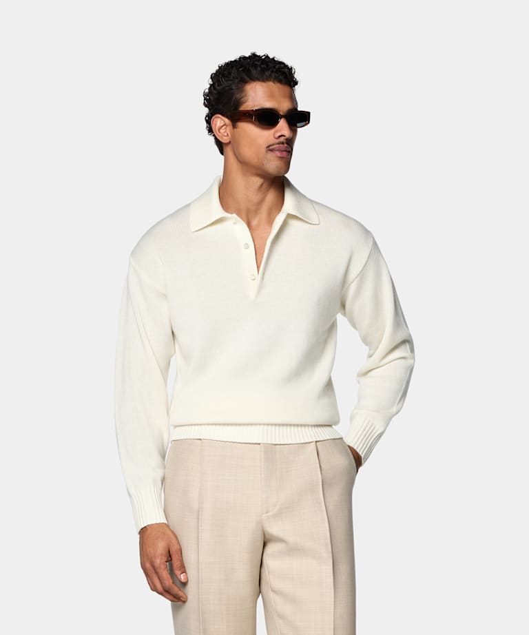 SUITSUPPLY Pur cachemire Polo manches longues blanc cass&eacute;