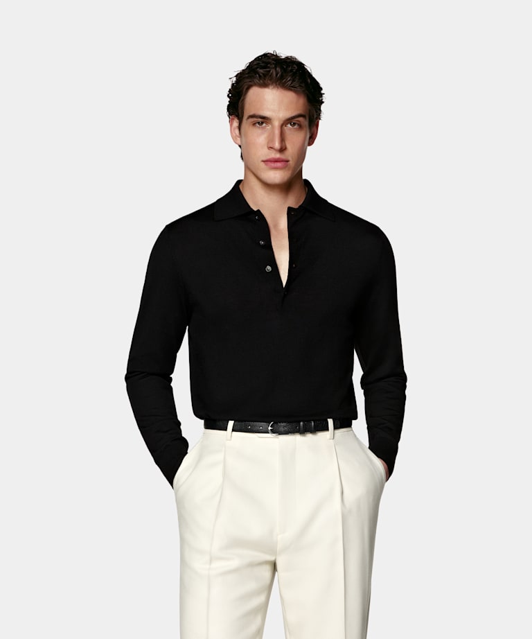 SUITSUPPLY Pure Wool Black Merino Long Sleeve Polo