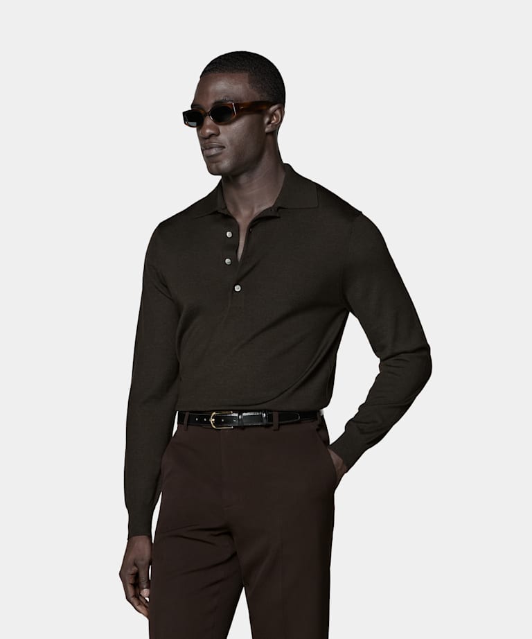 SUITSUPPLY Pure Wool Dark Brown Merino Long Sleeve Polo