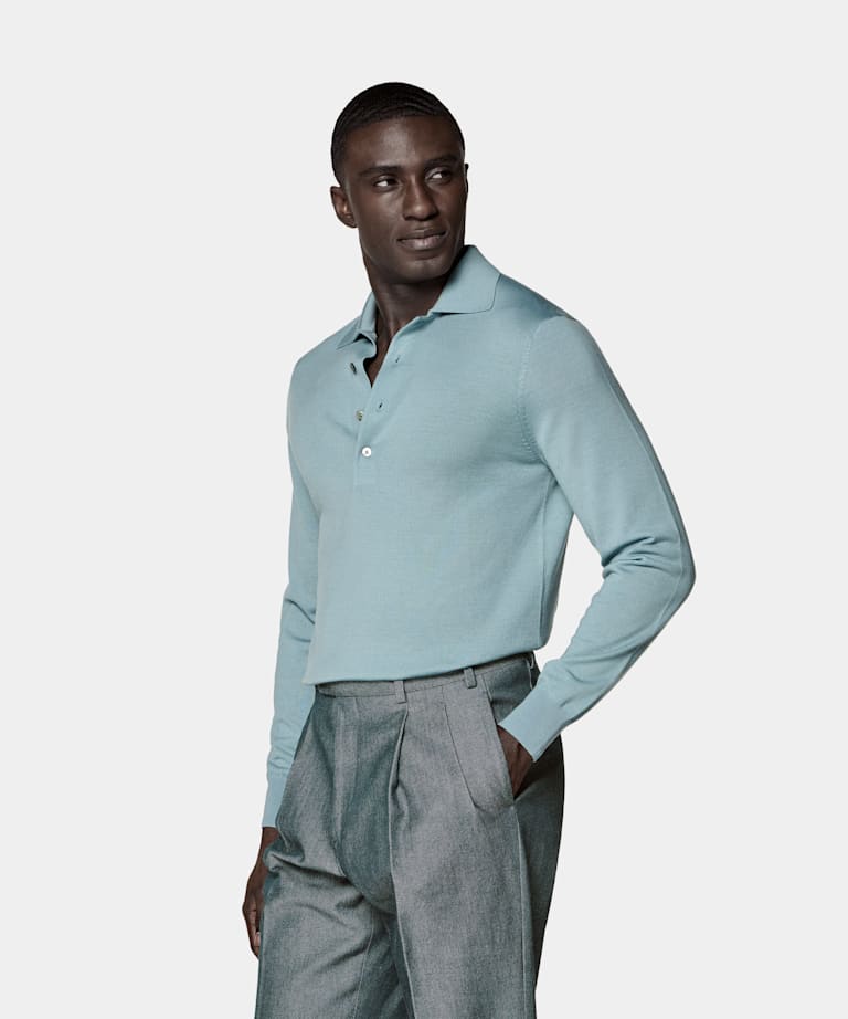SUITSUPPLY Reine Schurwolle Merino Poloshirt Langarm Hellblau