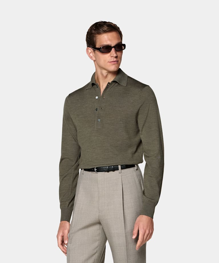 SUITSUPPLY Pure Wool Mid Green Merino Long Sleeve Polo