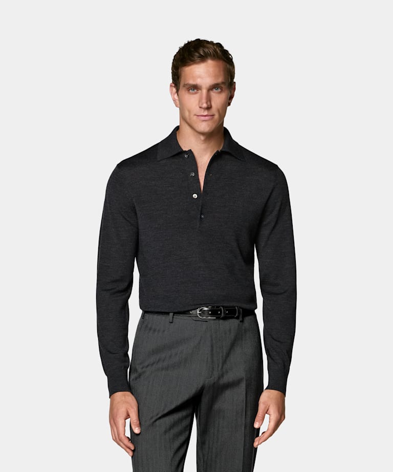 SUITSUPPLY Pure Wool Dark Grey Merino Long Sleeve Polo