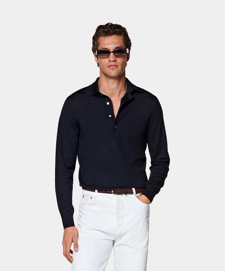 SUITSUPPLY Pure Wool Navy Merino Long Sleeve Polo