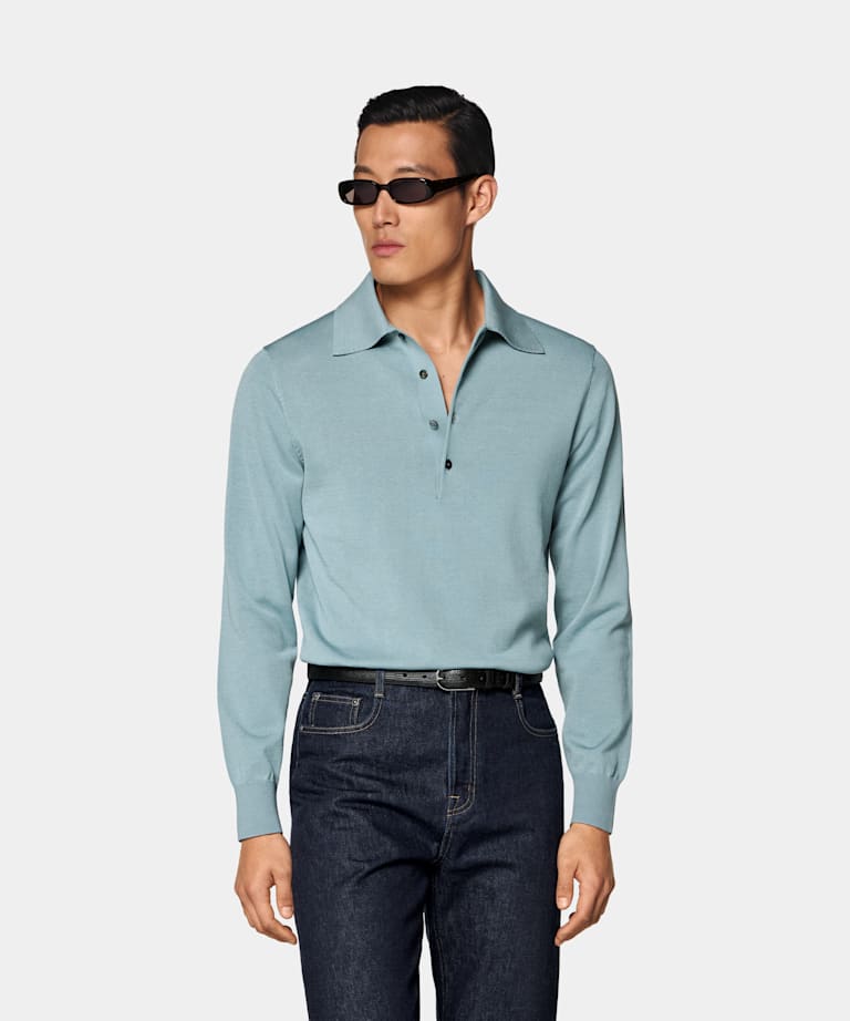 SUITSUPPLY Cotton Silk Light Blue Long Sleeve Polo