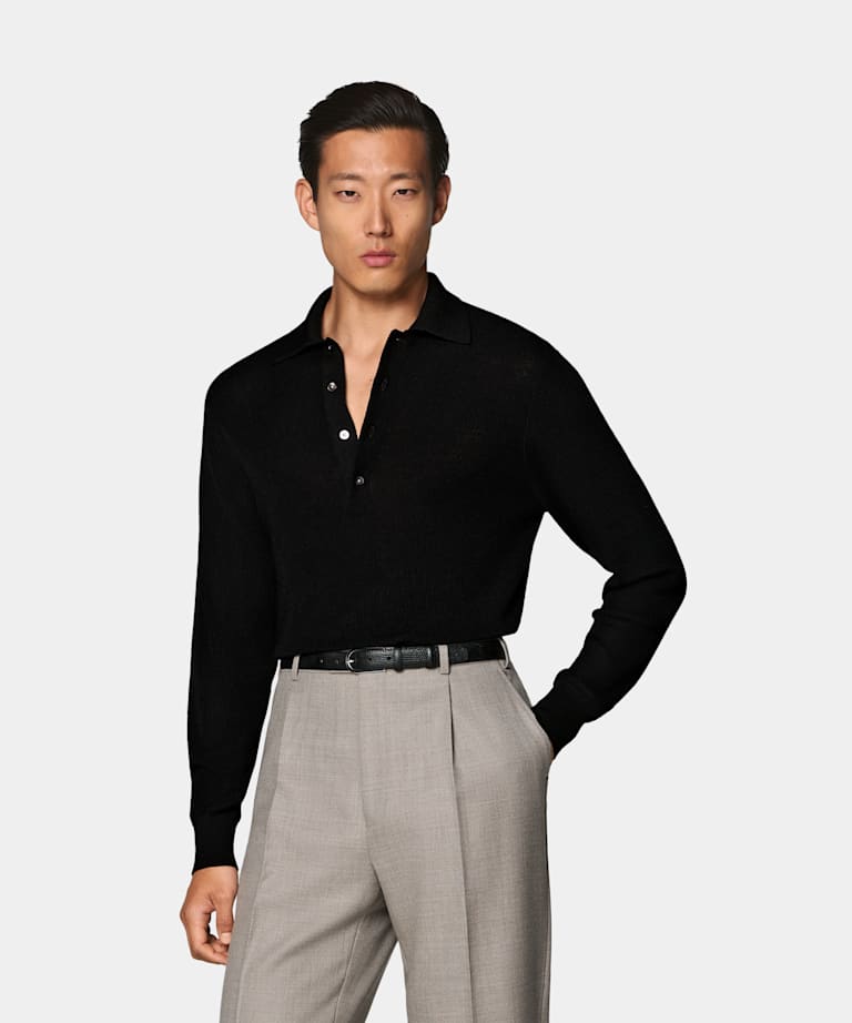 SUITSUPPLY Pure Wool Black Ribbed Merino Long Sleeve Polo