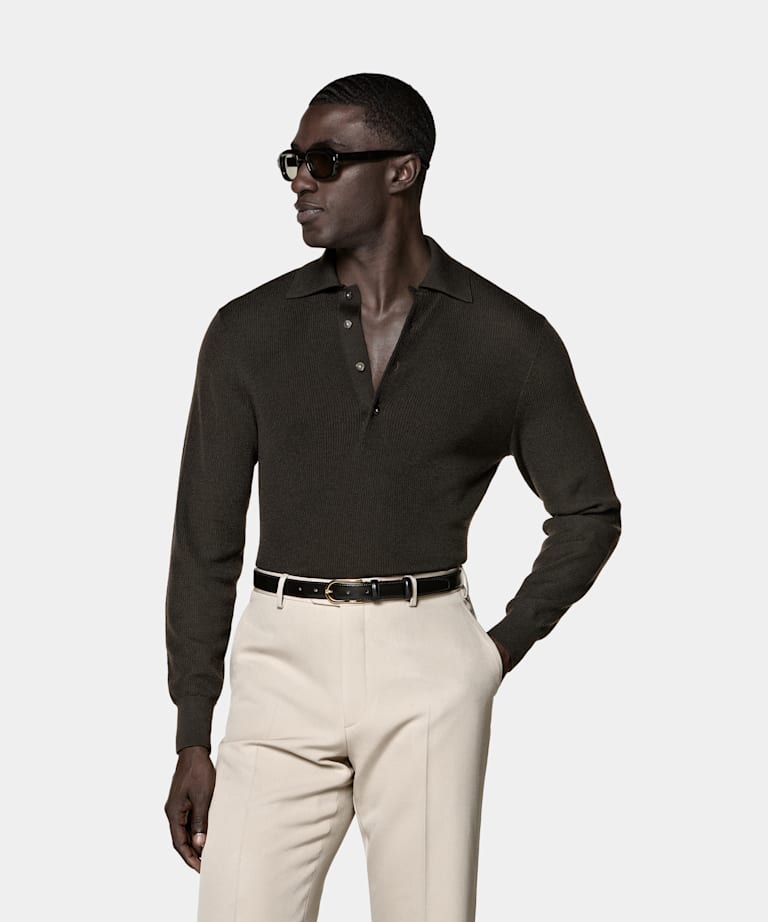 SUITSUPPLY Pure Wool Dark Brown Ribbed Merino Long Sleeve Polo
