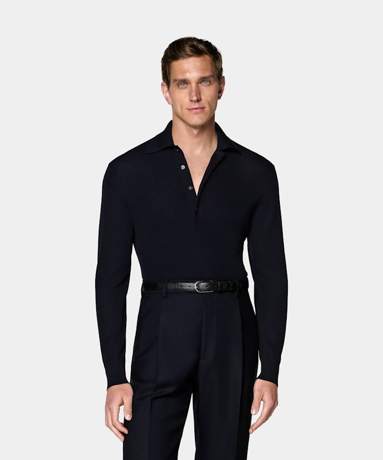 SUITSUPPLY Pure Wool Navy Ribbed Merino Long Sleeve Polo