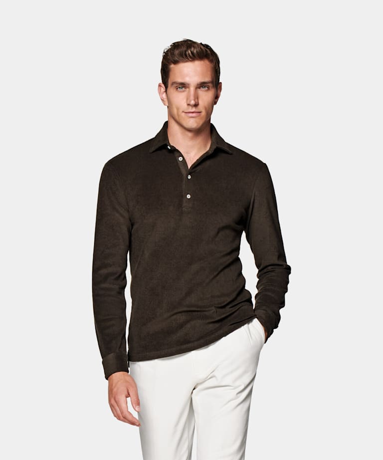 SUITSUPPLY Pure Californian Supima Cotton Dark Brown Long Sleeve Terry Polo Shirt