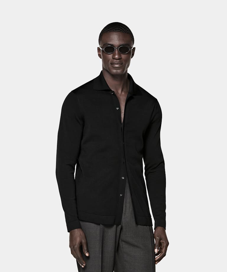 ttt msw Knit polo cardigan（BLACK） Black Polo Cardigan in Californian Cotton & Mulberry Silk