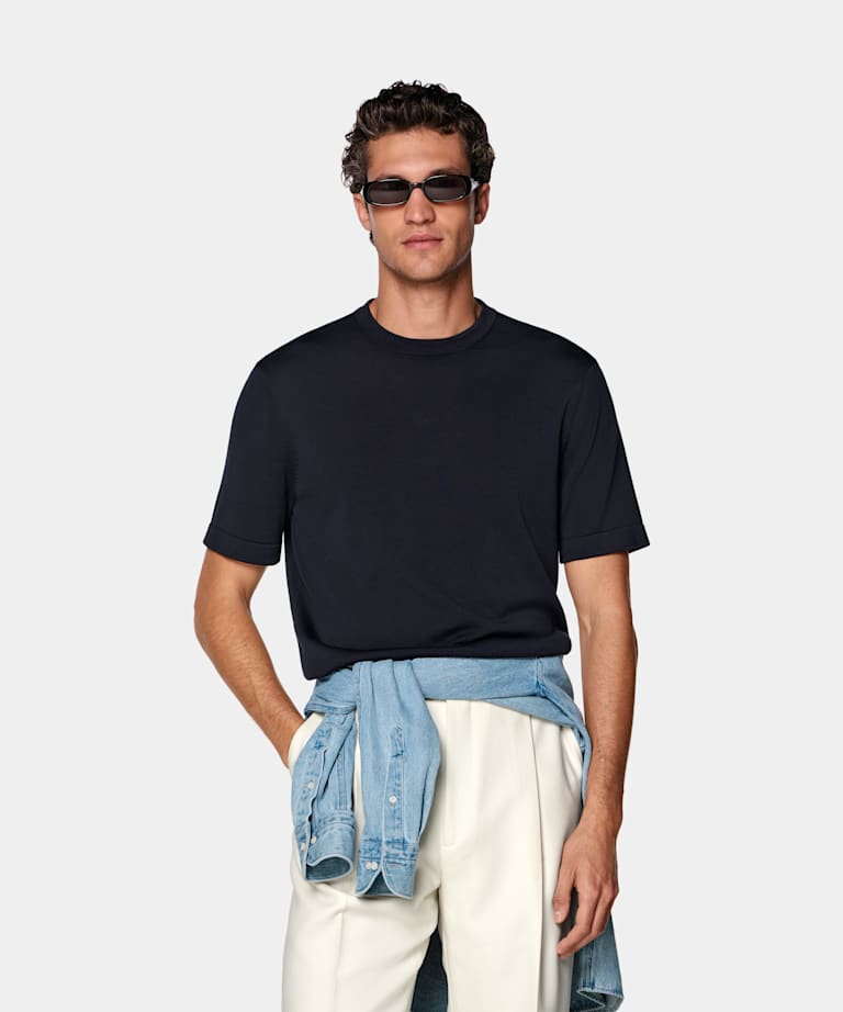 SUITSUPPLY Cotton Silk Navy Short Sleeve Crewneck