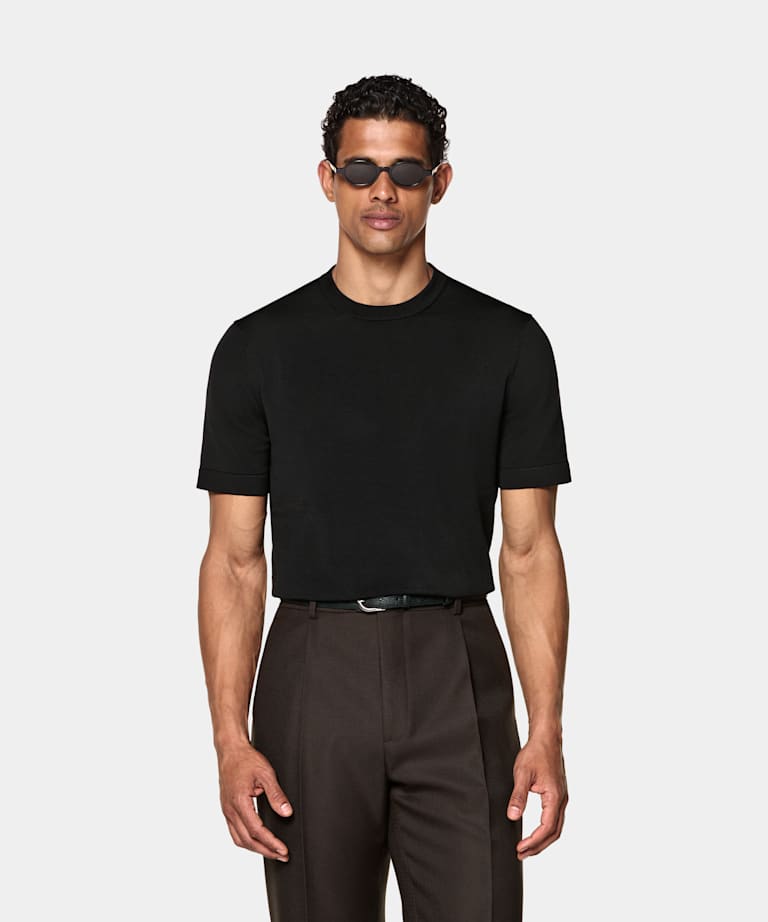 SUITSUPPLY Cotton Silk Black Short Sleeve Crewneck