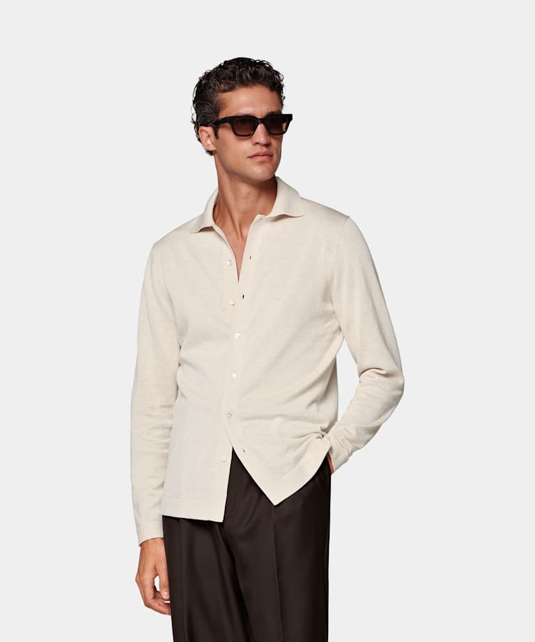 SUITSUPPLY Cotton Silk Sand Long Sleeve Polo Cardigan