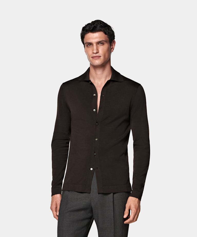 SUITSUPPLY Cotton Silk Dark Brown Long Sleeve Polo Cardigan