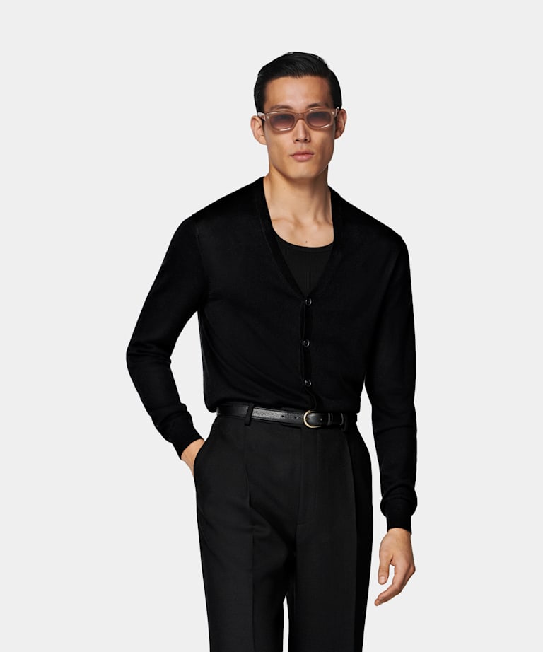 SUITSUPPLY Silk Wool Cashmere Black V-Neck Cardigan