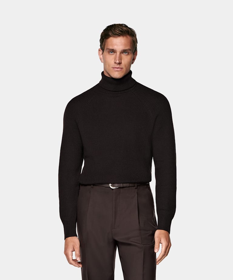 SUITSUPPLY Pure Wool Dark Brown Ribbed Turtleneck