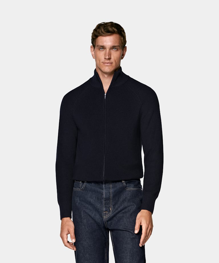 SUITSUPPLY Pure Wool Navy Ribbed Zip Cardigan