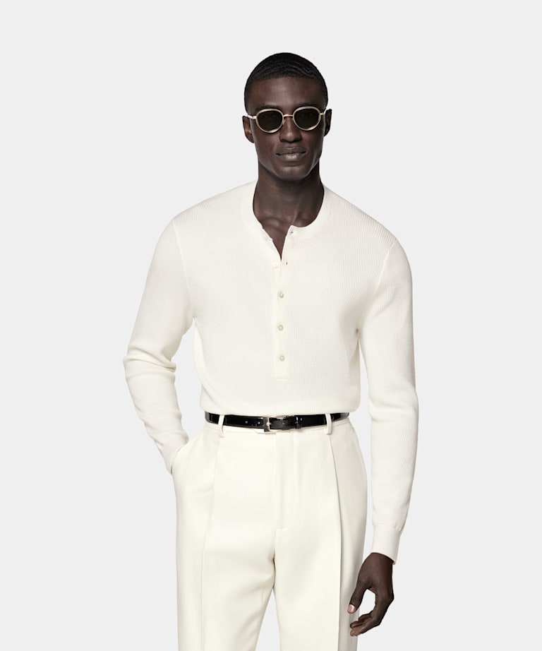 SUITSUPPLY Pure Wool Off-White Ribbed Henley