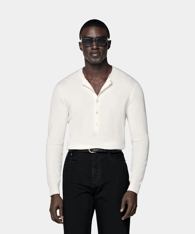 SUITSUPPLY Pure Wool Off-White Ribbed Henley