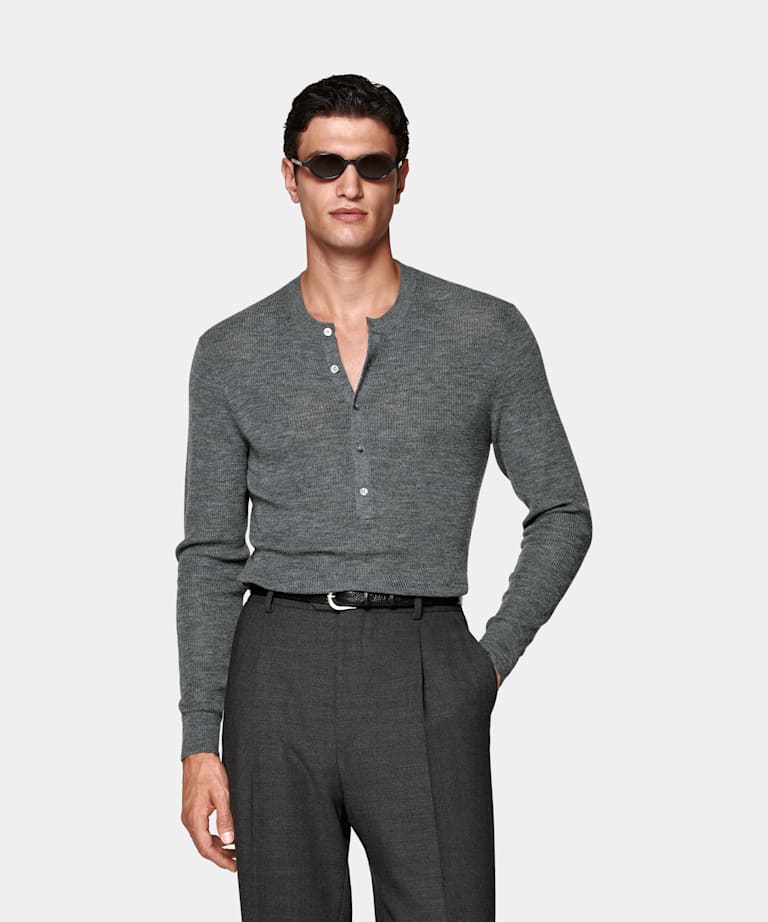 SUITSUPPLY Pure Wool Mid Grey Ribbed Henley