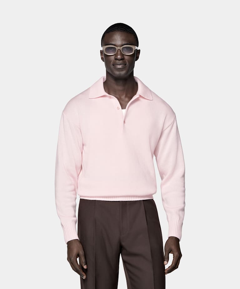 SUITSUPPLY Pure Cashmere Pink Long Sleeve Polo