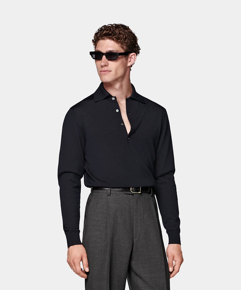 SUITSUPPLY Pure Wool Navy Long Sleeve Polo