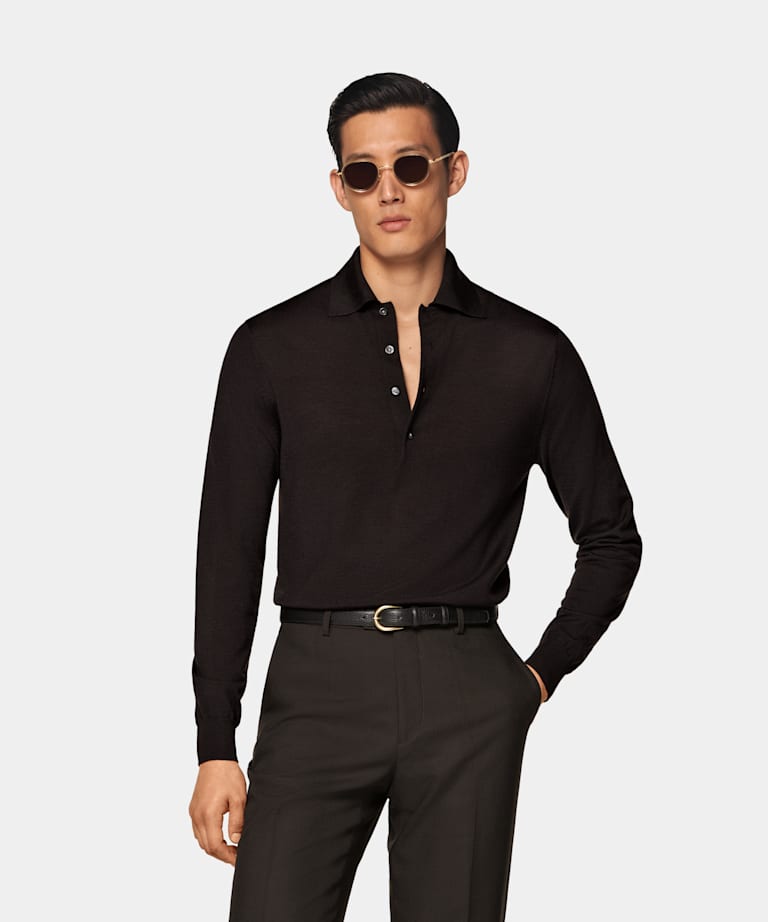 SUITSUPPLY Pure Wool Dark Brown Long Sleeve Polo