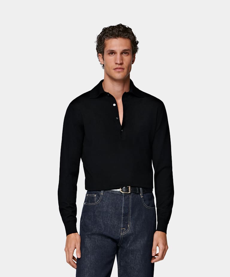 SUITSUPPLY Pure Wool Black Long Sleeve Polo