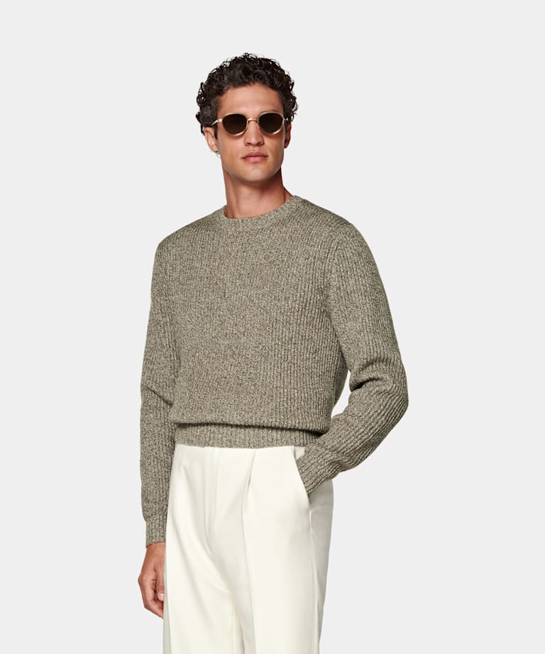 SUITSUPPLY Cotton Wool Green Mouliné Crewneck