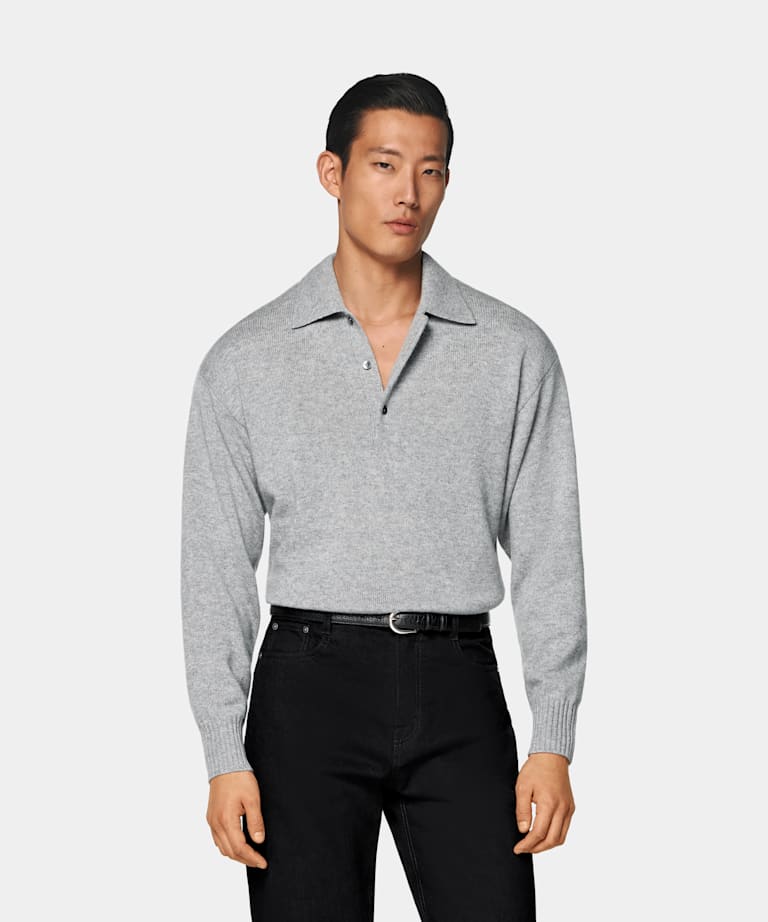 SUITSUPPLY Pure Cashmere Light Grey Long Sleeve Polo