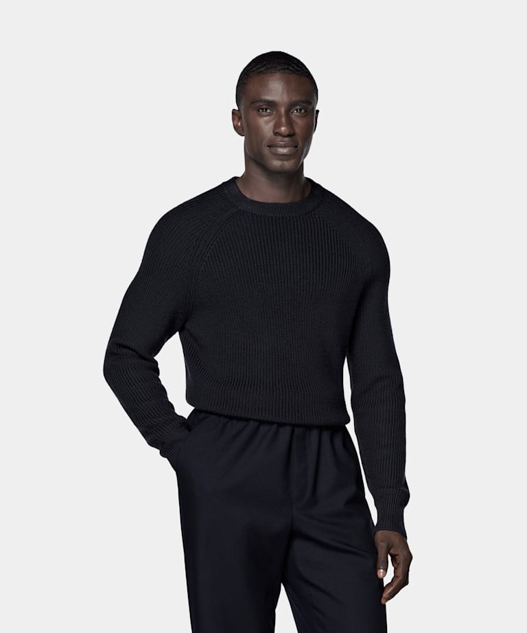 SUITSUPPLY Pure Wool Navy Ribbed Crewneck