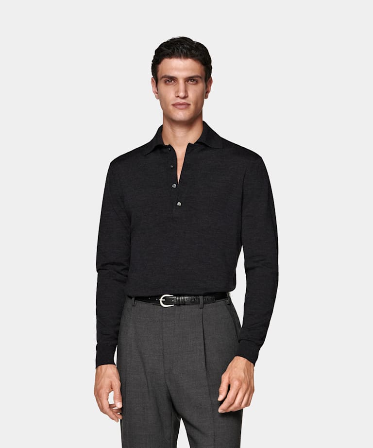 SUITSUPPLY Pure Wool Dark Grey Long Sleeve Polo