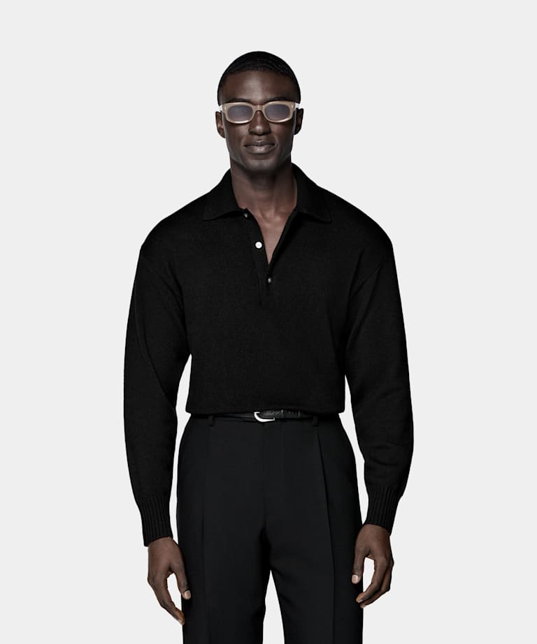 SUITSUPPLY Pure Cashmere Black Long Sleeve Polo