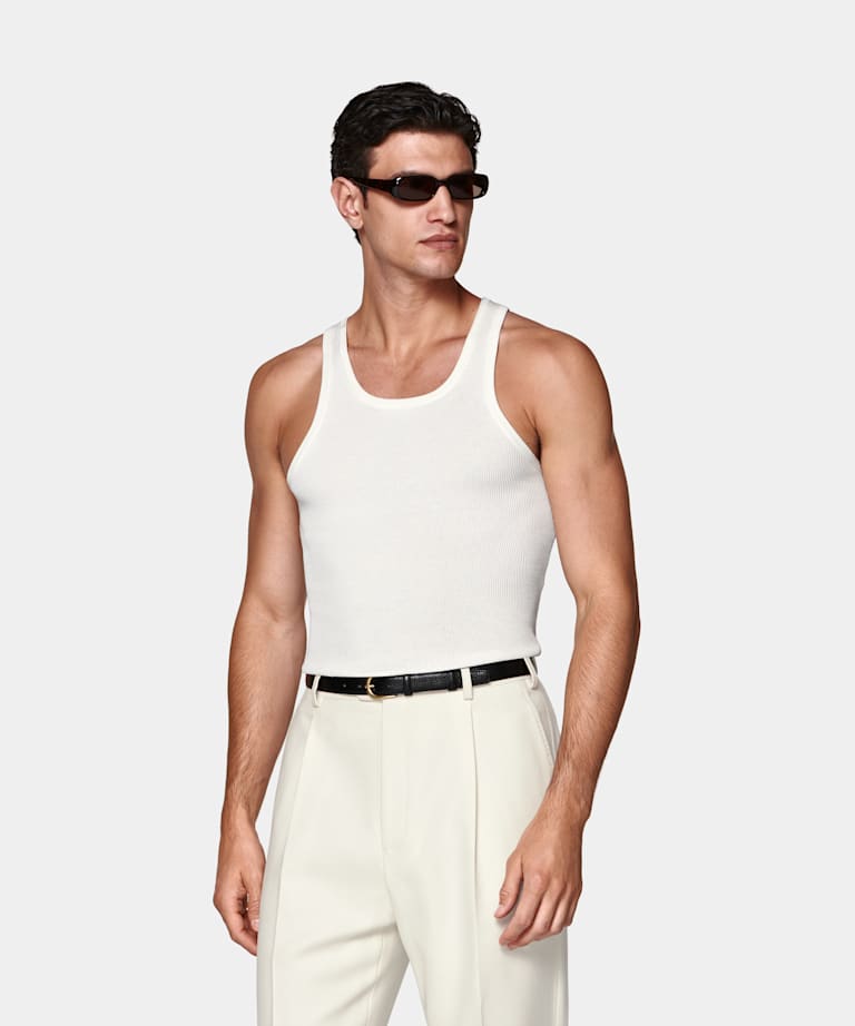 SUITSUPPLY Cotton Silk Off-White Ribbed Tank Top