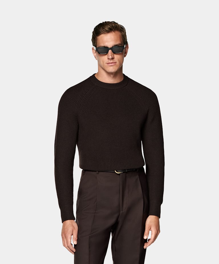 SUITSUPPLY Pure Wool Dark Brown Ribbed Crewneck