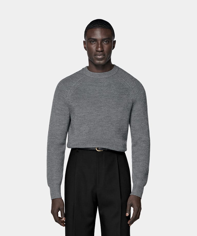 SUITSUPPLY Pure Wool Mid Grey Ribbed Crewneck
