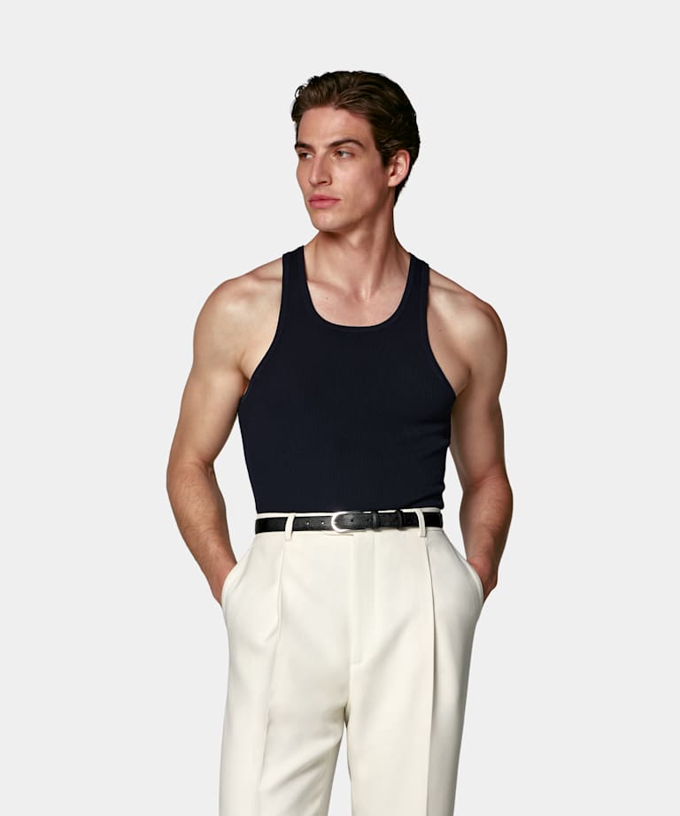 SUITSUPPLY Cotton Silk Navy Ribbed Tank Top