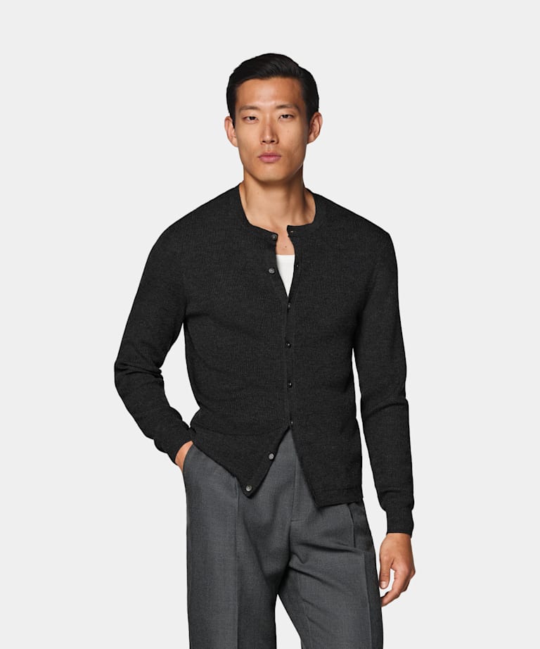 SUITSUPPLY Pure Wool Dark Grey Ribbed Cardigan