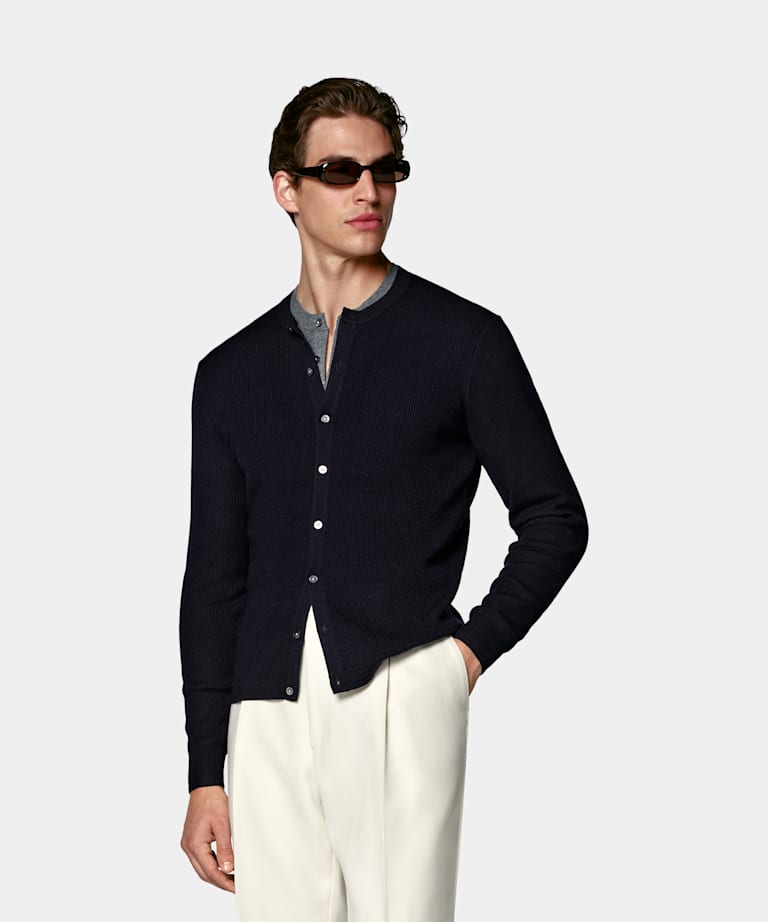 SUITSUPPLY Pure Wool Navy Ribbed Cardigan