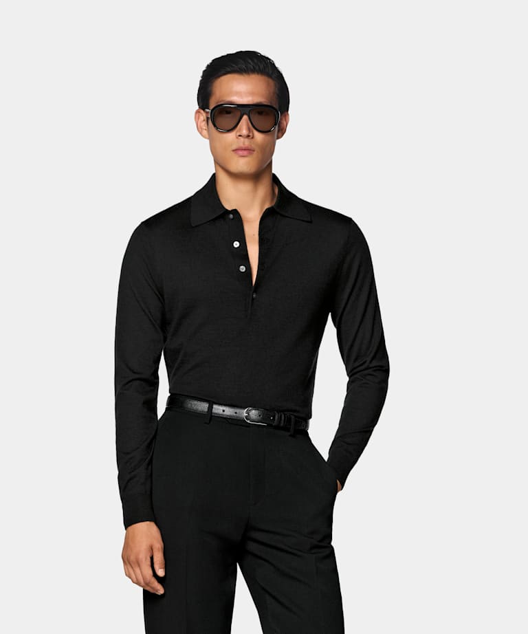 SUITSUPPLY 羊绒 黑色长袖 Polo 衫