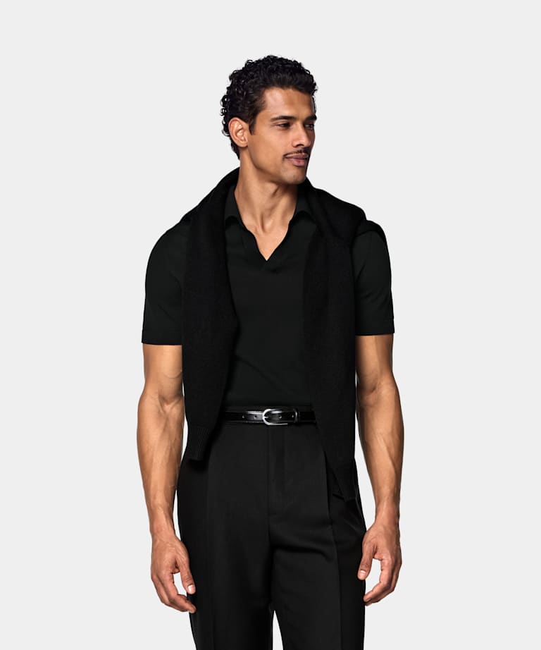 SUITSUPPLY Pure Cotton Black Buttonless Polo
