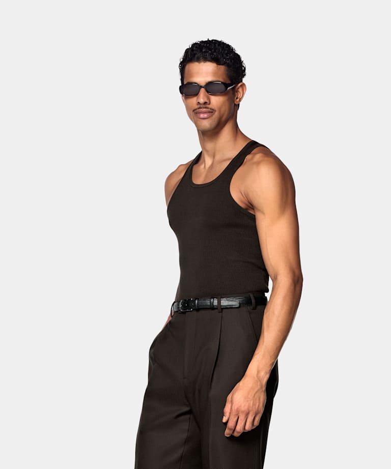 SUITSUPPLY Cotton Silk Brown Ribbed Tank Top